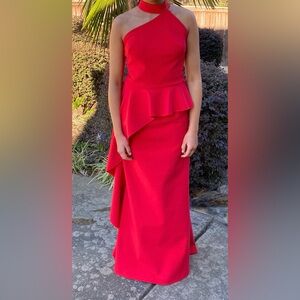 Tarik Ediz Red Asymmetrical Prom Dress